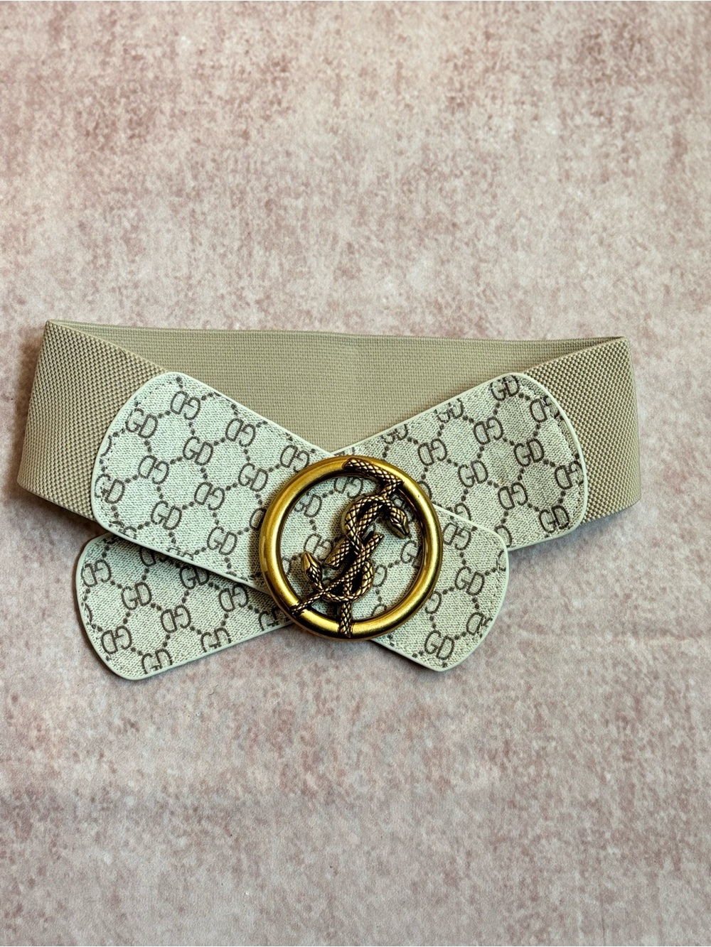 One Size Fits Most Designer-Style Elastic Waist Belt with Gold Snake Buckle